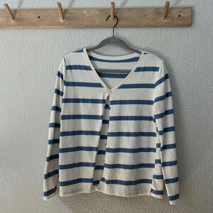 Striped V-Neck Button-Front Women's Sweater - Blue & Cream